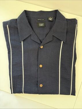Haggar Navy Blue Short-Sleeve Button-Down with White Stripes